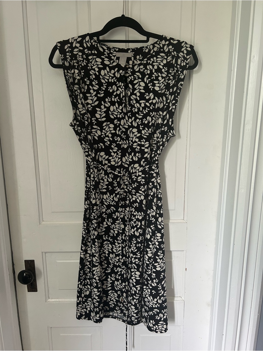 H&M Black Midi Dress with White Leaf Print